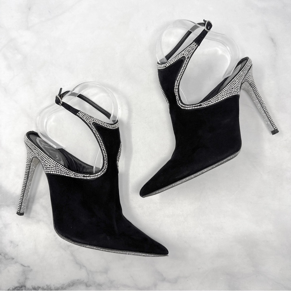 Rene Caovilla Strass Embellished Suede Pointed Toe Open Back Ankle Bootie Heels - Picture 3 of 16
